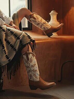 Leaf Embroidered Pull on Knee High Boots